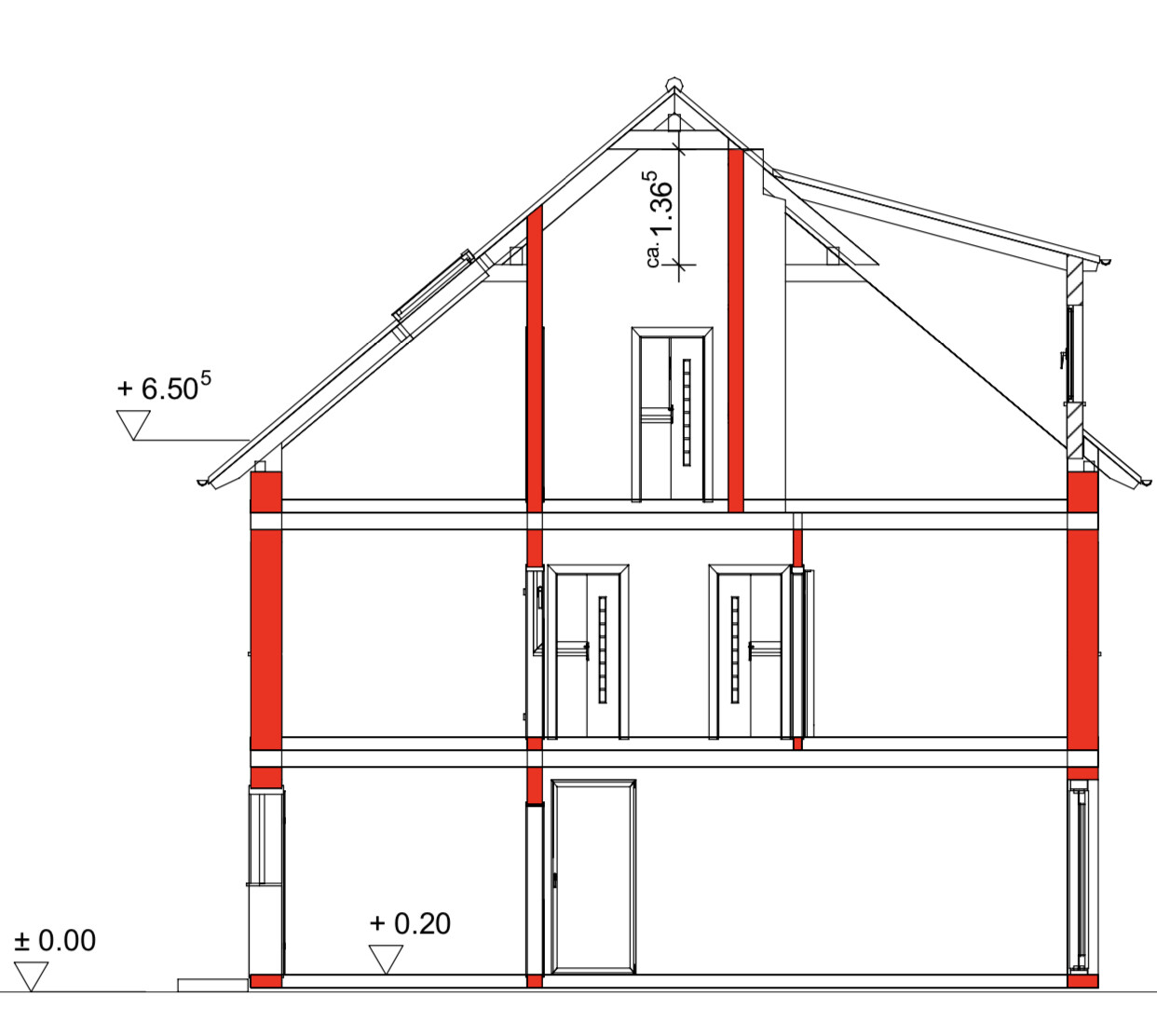 Schnitt durch zweistöckiges Haus mit rotem Tragwerk, Dachneigung und Türen sichtbar.