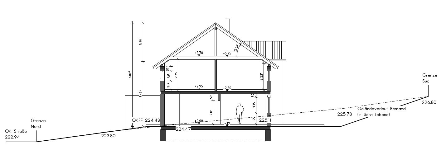 Haus-Schnitt: Dachstuhl, Räume, Fundamente, Maßlinien, Mensch als Größenvergleich.