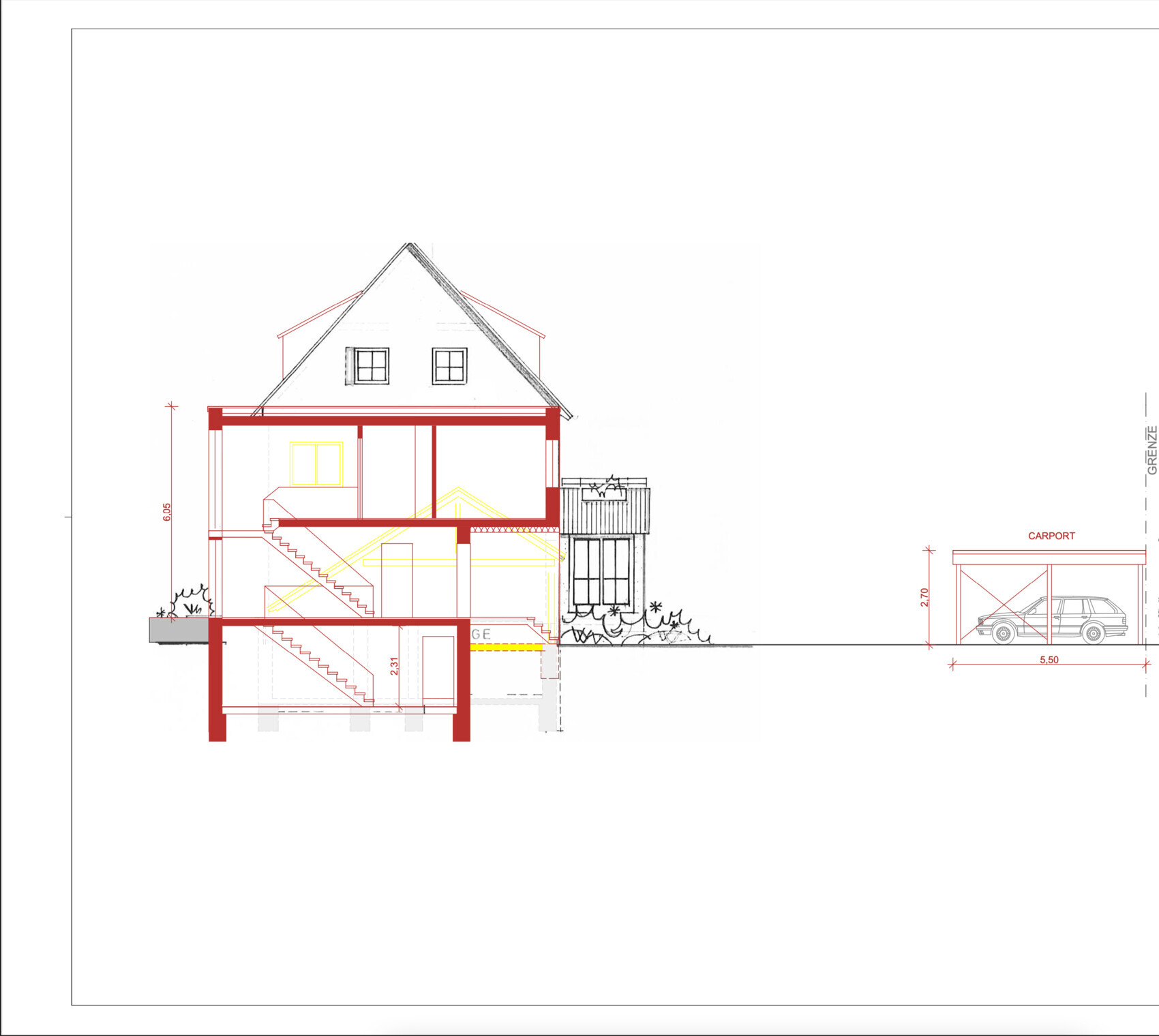 Architekten-Schnitt durch ein zweistöckiges Haus mit Keller, Treppenhaus und Carport.