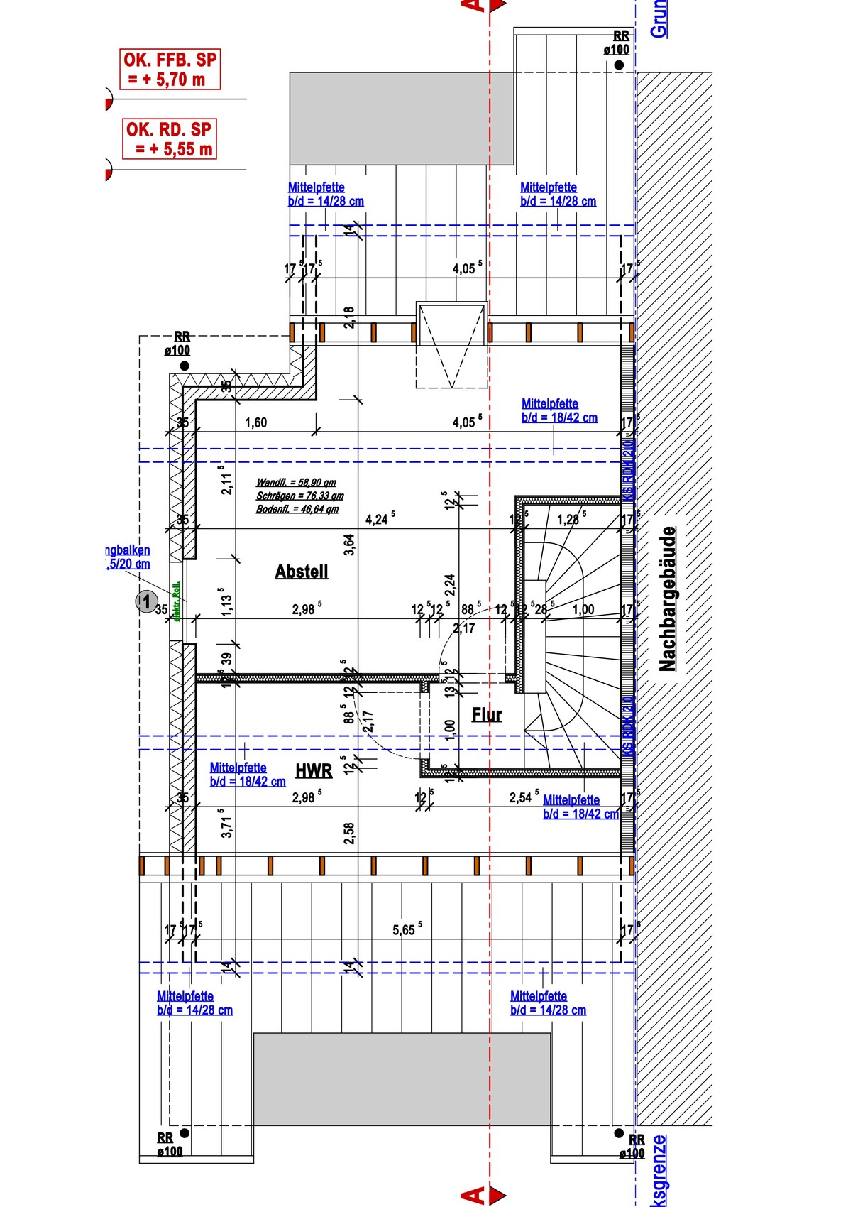 Grundriss eines Gebäudes mit Abstell, Flur, HWR, Treppenhaus und Maßen.
