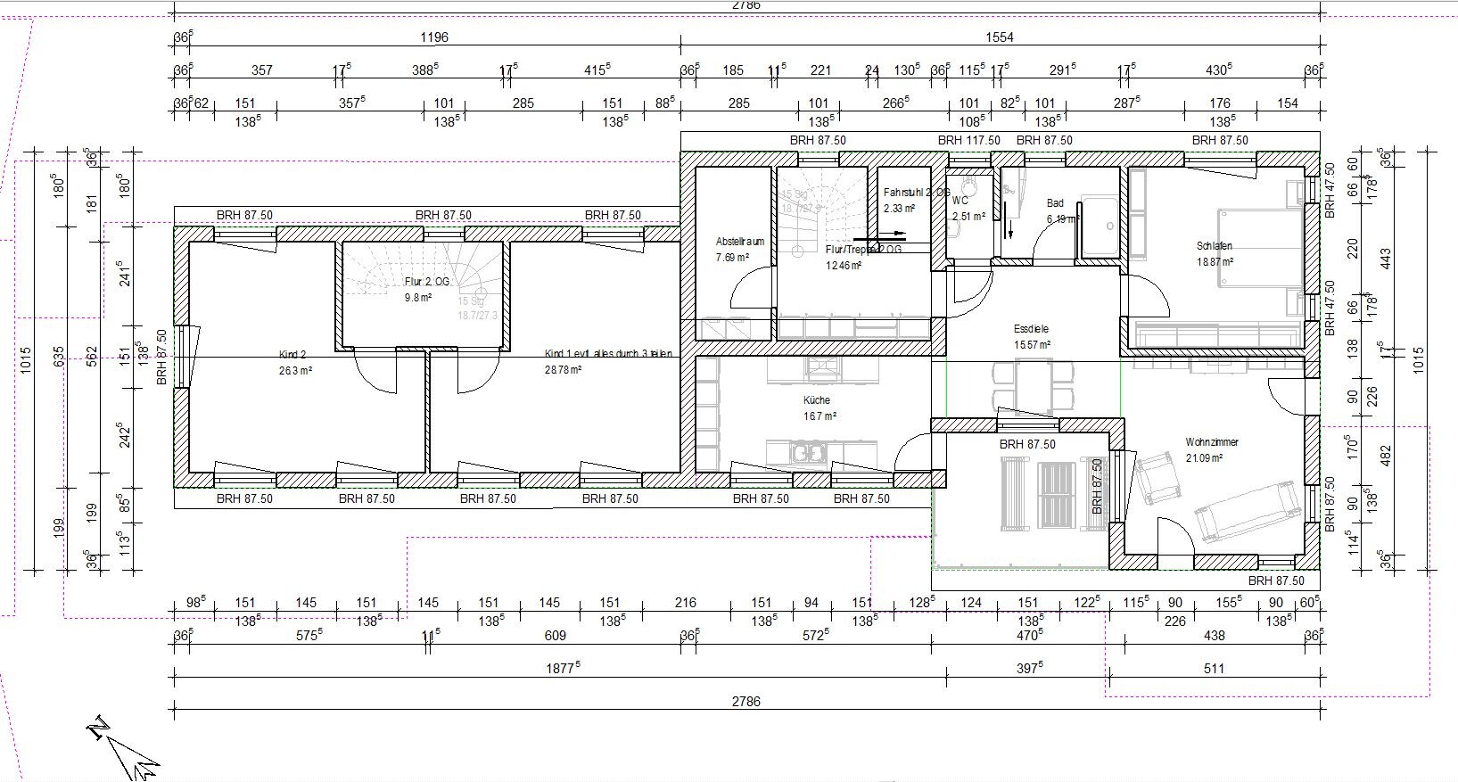 Grundriss eines Hauses mit Flur, Küche, Wohnzimmer, Schlafzimmer und Kinderzimmer.