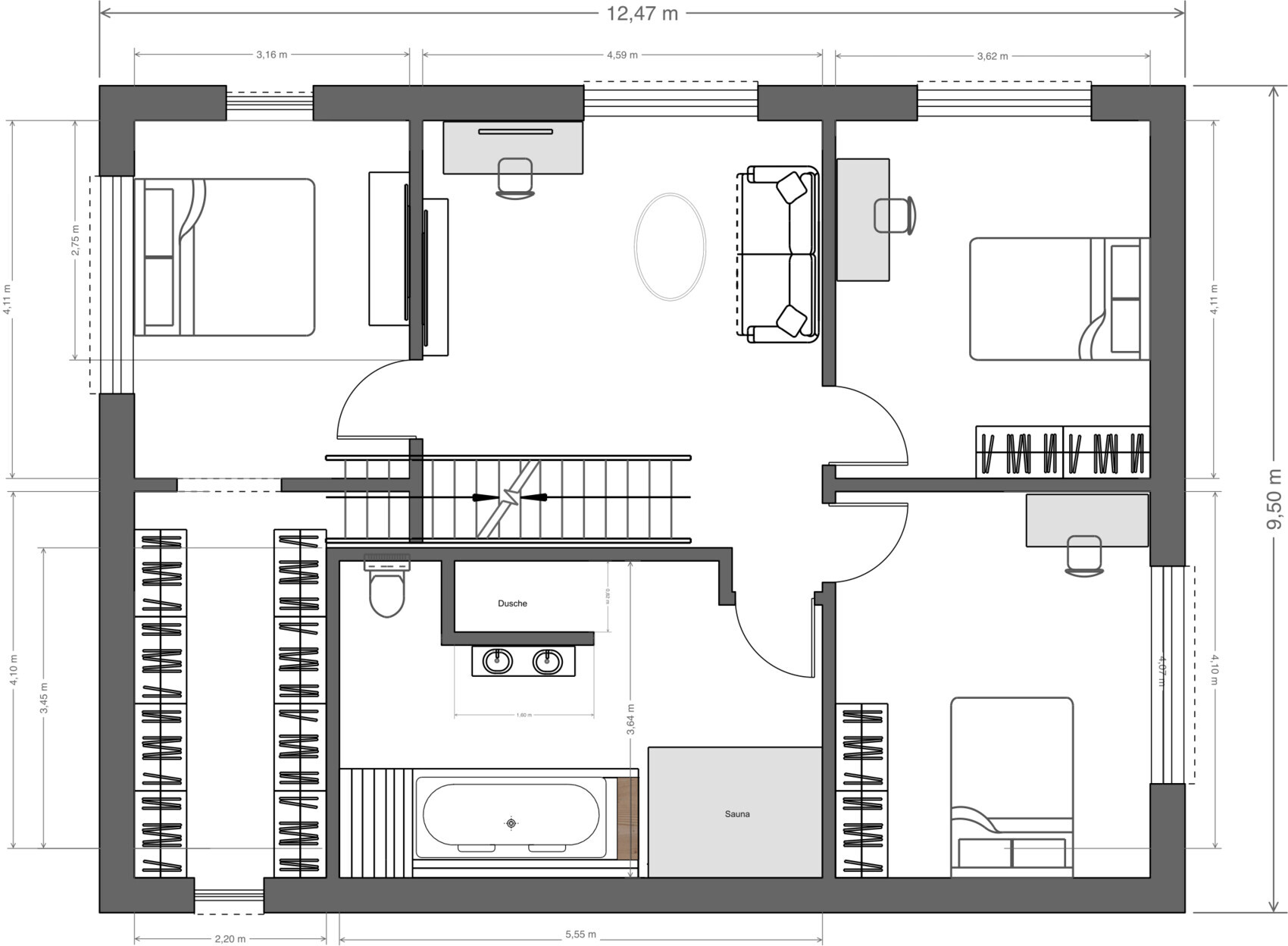 Grundriss einer Wohnung mit Schlafzimmern, Wohnzimmer, Bad, Sauna und Flur.