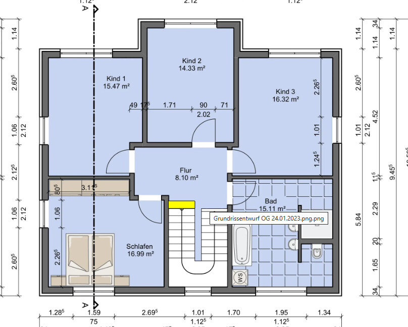 Grundriss eines Obergeschosses: Schlafen, Bad, Flur, Treppe und drei Kinderzimmer.