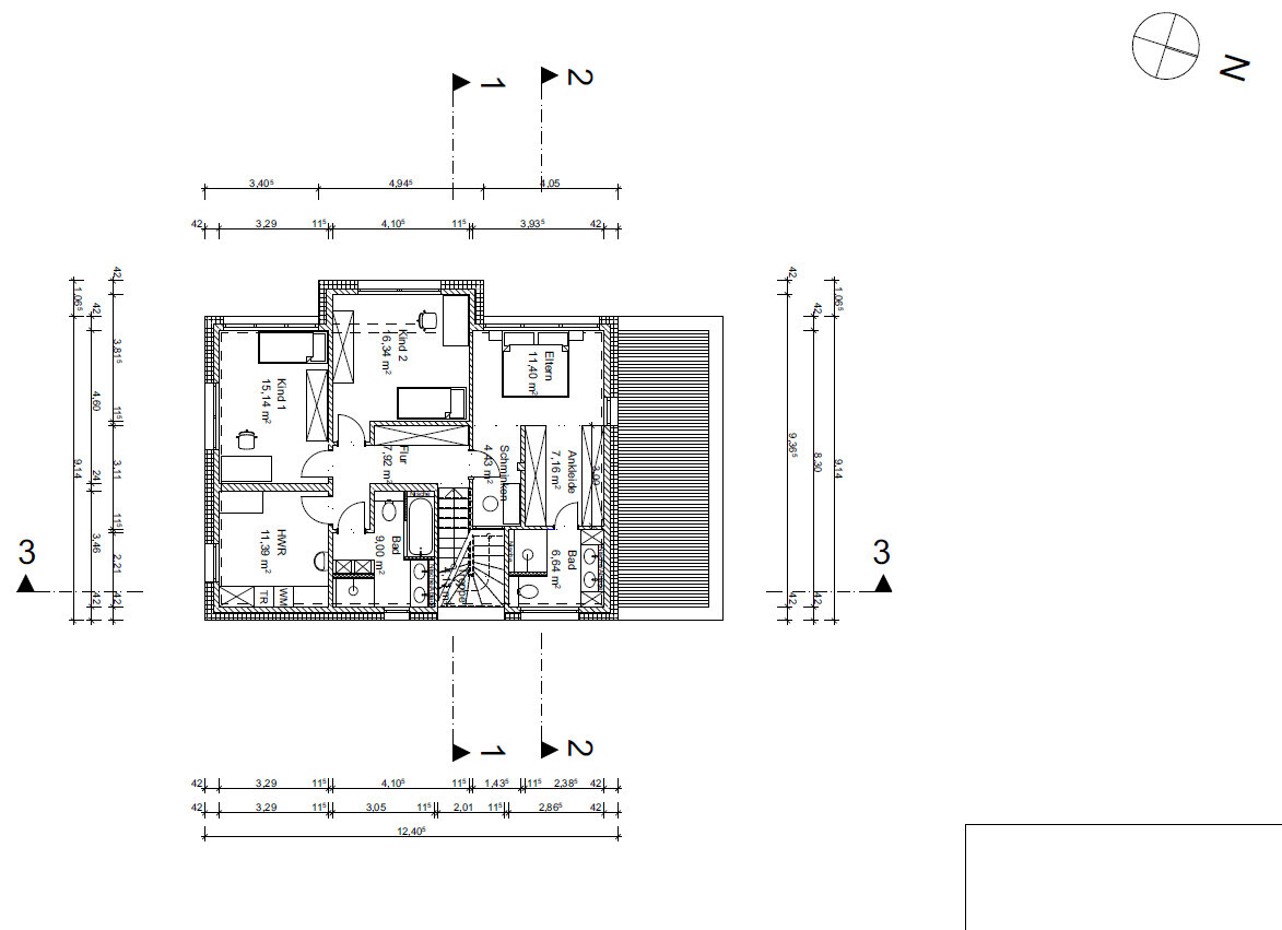 Grundriss eines Wohnhauses: Küche, Bad, Wohnzimmer, Schlafzimmer, Flur und Terrasse mit Maßangaben.