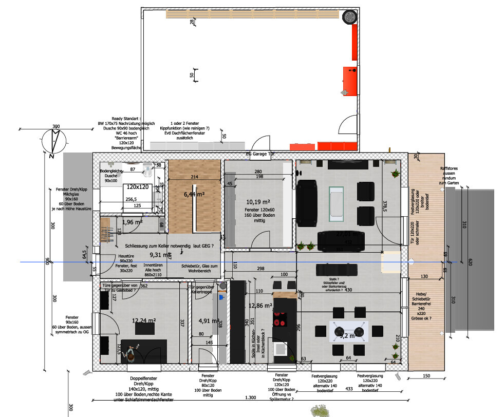 Detailierter Grundriss eines Hauses mit Küche, Wohn- und Esszimmer, Schlafzimmer, Bad, Garage.