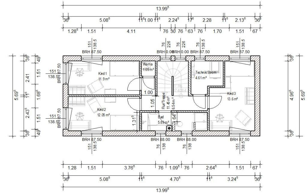 Grundriss eines Hauses mit 3 Kinderzimmern, Bad, Technik/Strom, Waschküche und Flur.