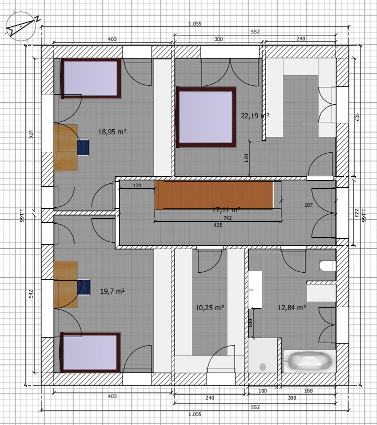 Grundriss einer Wohnung mit mehreren Zimmern, Betten, Tisch, Bad und Türen; Maßangaben in m².
