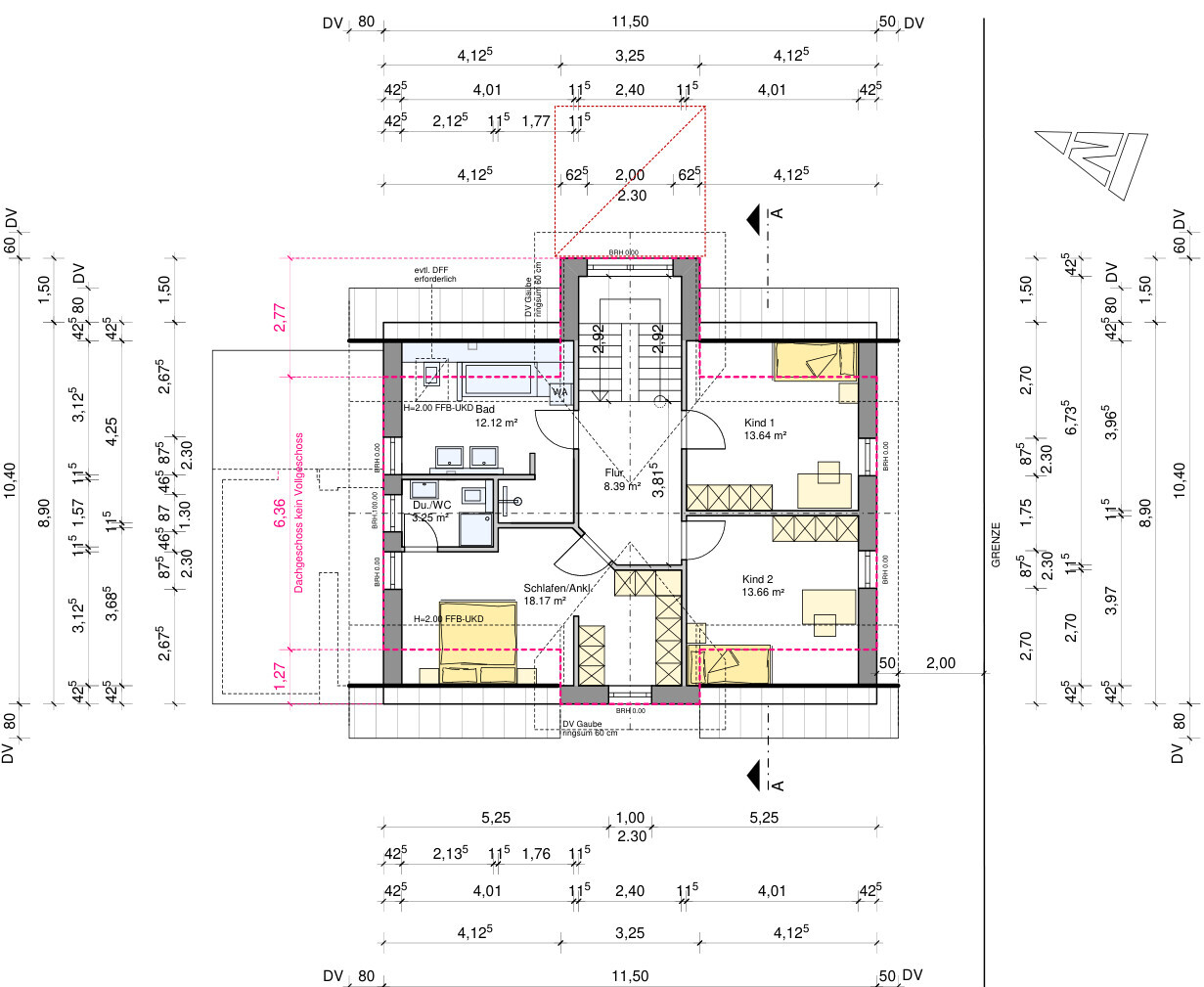 Grundriss des Dachgeschosses mit Flur, Schlafzimmer, zwei Kinderzimmern, Bad und Du/WC.