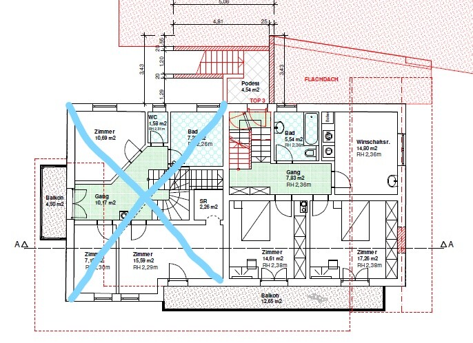 Grundriss einer Wohnungsetage mit mehreren Zimmern, Bad, WC, Flur und Balkonen.