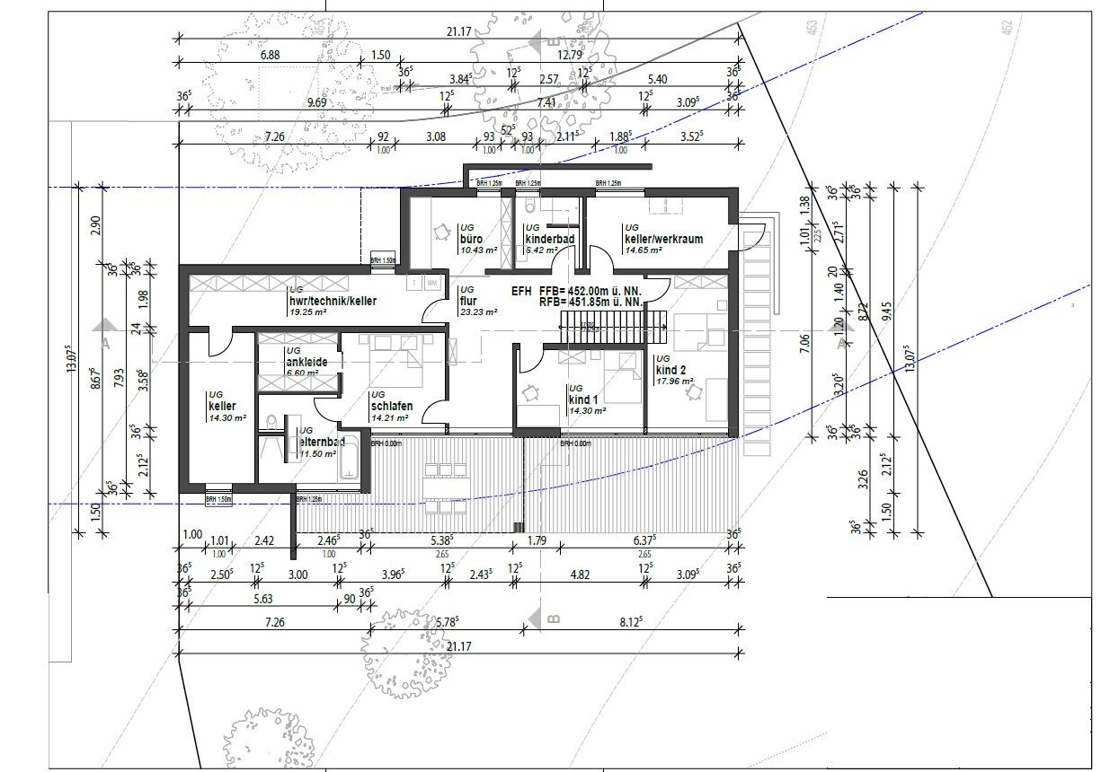 Kellergeschoss-Grundriss: Flur, Schlafzimmer, Kinderzimmer, Büro, Bad, Ankleide, HWR.