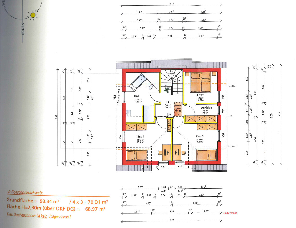 Architekturplan: Obergeschoss mit Flur, Bad, Elternzimmer, zwei Kinderzimmer, Ankleide und Treppen.