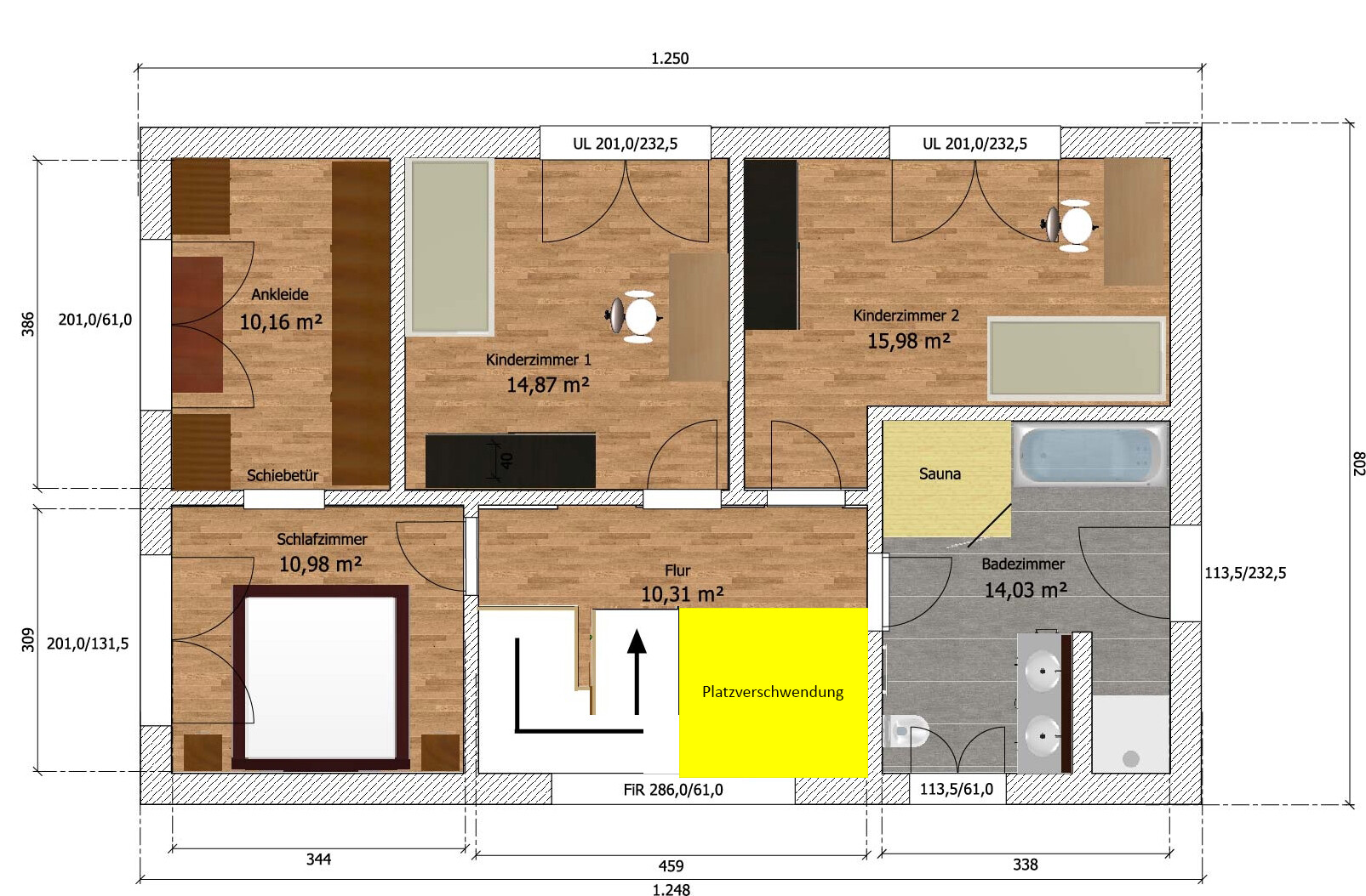 2D-Grundriss eines Hauses mit Schlafzimmern, Kinderzimmern, Fluren, Bad und Sauna