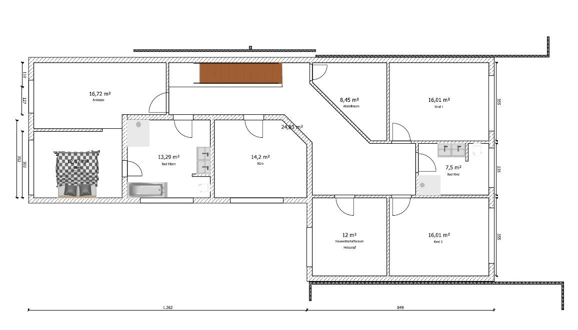 Detaillierter 2D-Hausgrundriss mit Zimmern, Türen und Abmessungen.