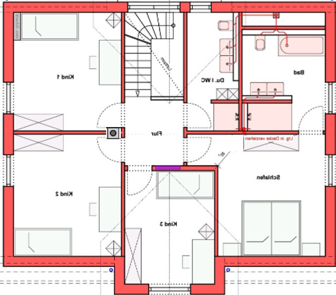 Grundriss: Flur in der Mitte, Treppe, drei Kinderzimmer links, Schlafzimmer und Bad rechts.