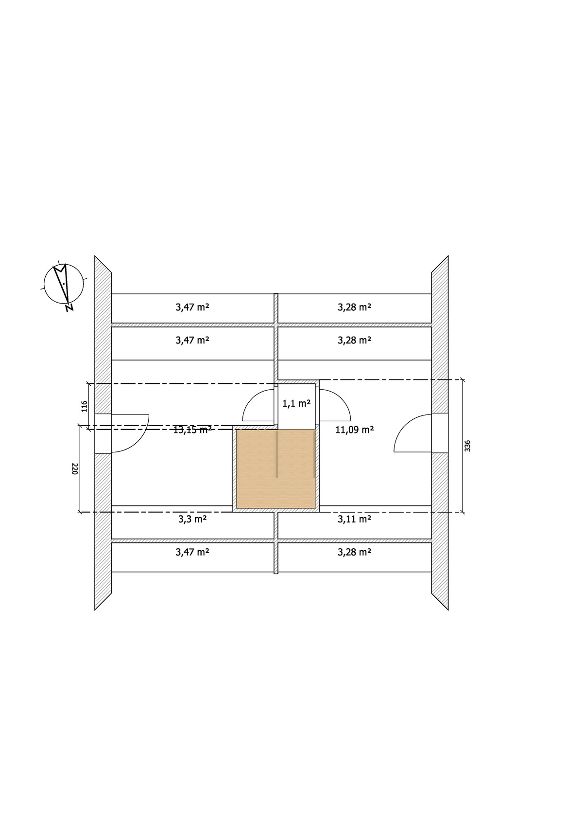 Grundriss eines Innenraums mit mehreren Räumen, Türen, Quadratmeterangaben und Nordpfeil.