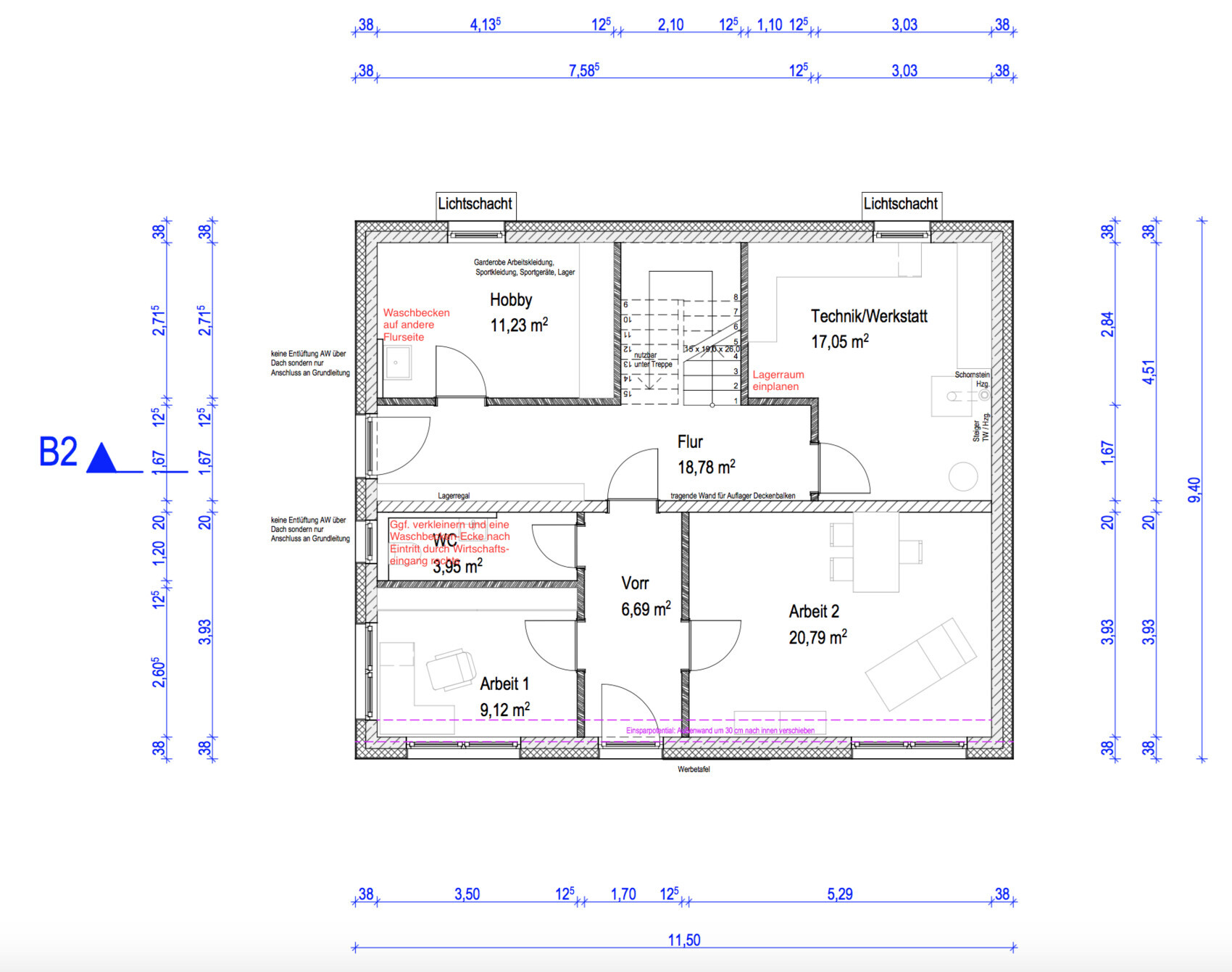 Grundriss eines Gebäudekomplexes mit Hobby, Technik/Werkstatt, Arbeiten 1–2, Flur, Vorr.