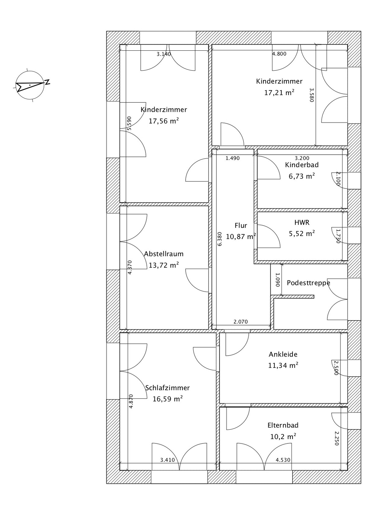 Grundriss eines Wohnhauses: Schlafzimmer, Kinderzimmer, Flur, Bad, Ankleide, HWR
