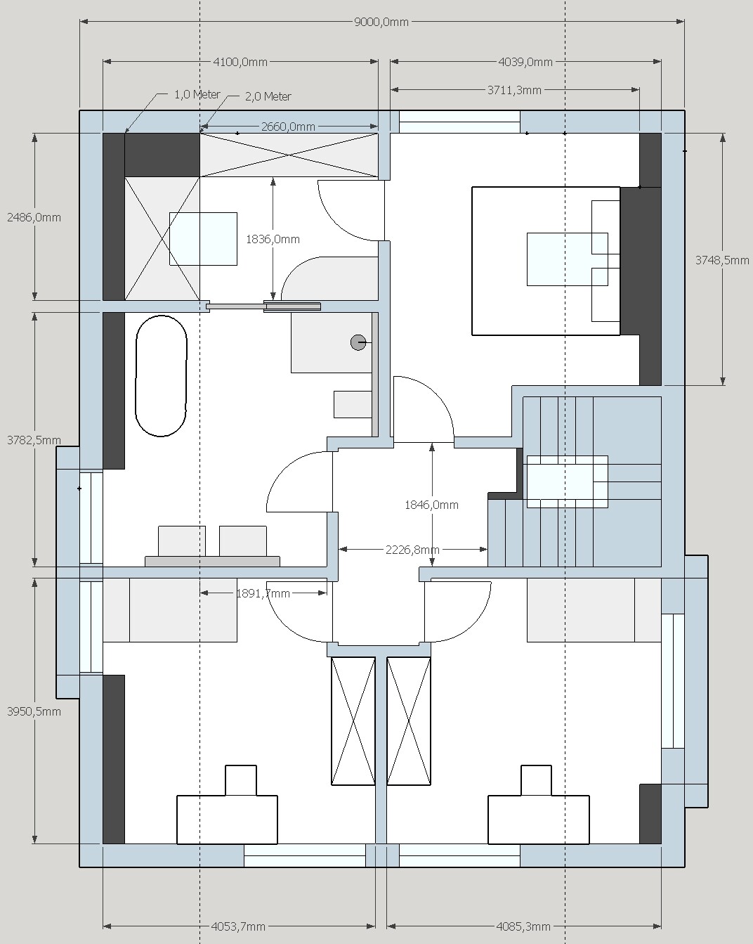 Grundriss eines Wohnhaus-Innenraums: mehrere Zimmer, Türen, Treppen und Möbel mit Maßangaben.