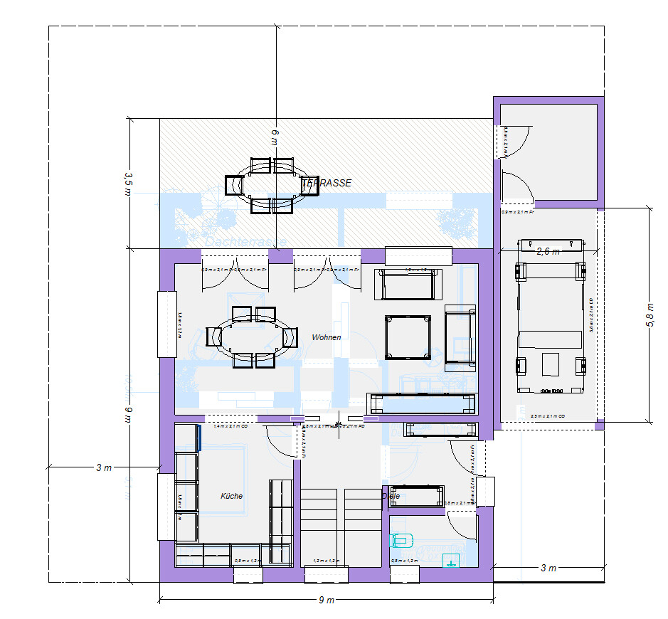 Grundriss eines Hauses mit Küche, Wohnzimmer, Essbereich, Garage und Terrasse.