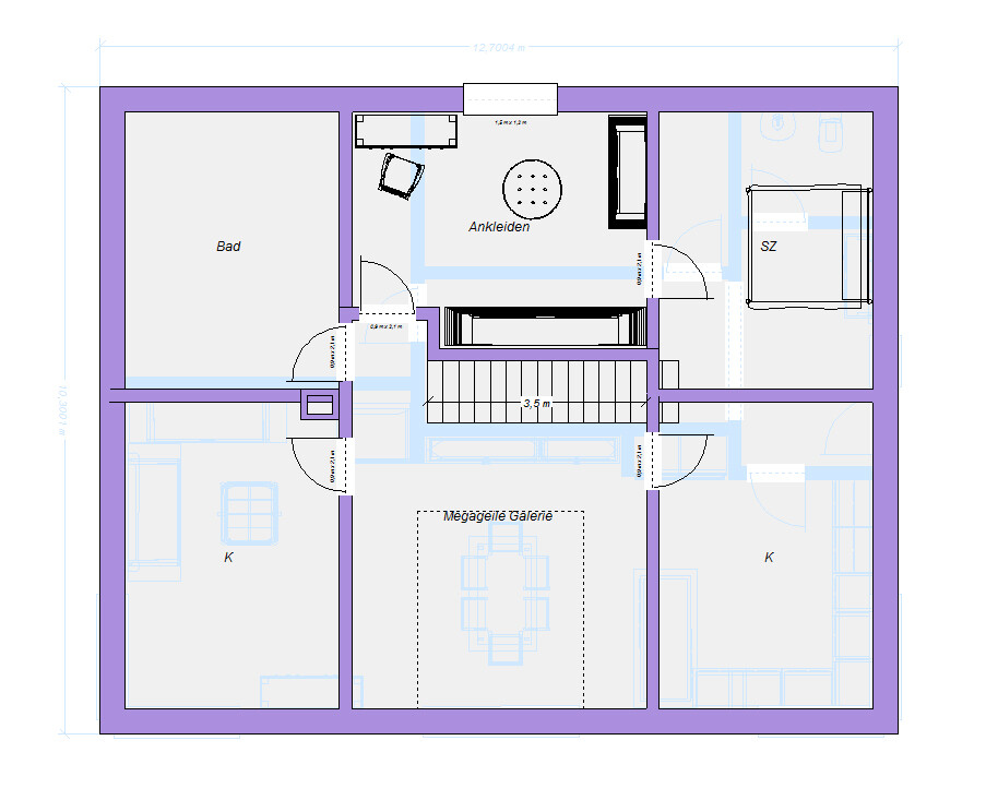 Grundriss eines Hauses mit Bad, Ankleide, Schlafzimmer, zwei Küchen und Galerie.