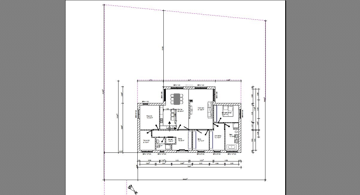 Grundriss eines Einfamilienhauses mit Wohnzimmer, Küche, Schlafzimmer, Bad und Möbeln.