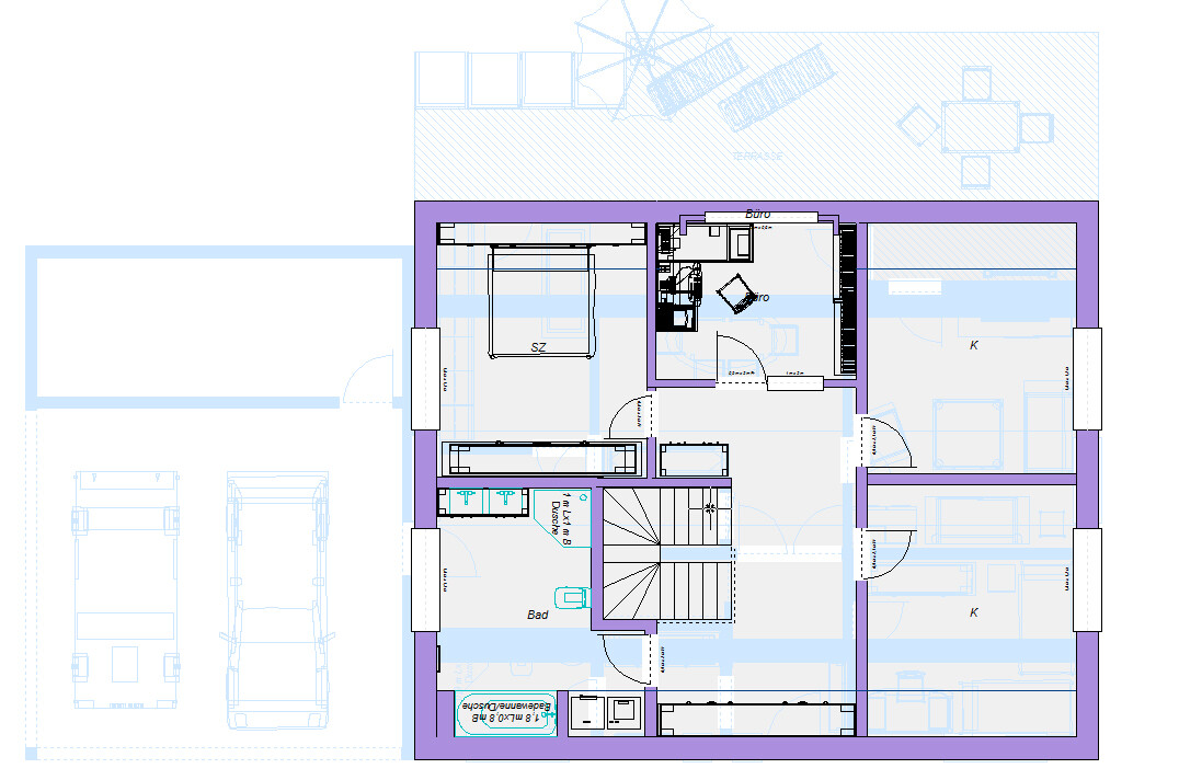 Grundriss einer Etage mit SZ, Büro, Bad, Küche, Treppenhaus, Terrasse und Garage.