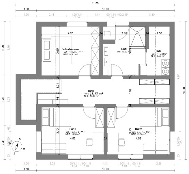 Grundriss eines Hauses: Schlafzimmer, zwei Kinderzimmer, Bad, Diele und HWR