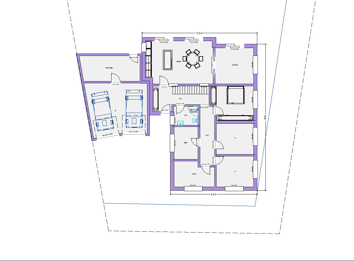 Grundriss eines Hauses: Garage links mit zwei Stellplätzen, Mitte Treppenhaus, Wohn- und Esszimmer oben.