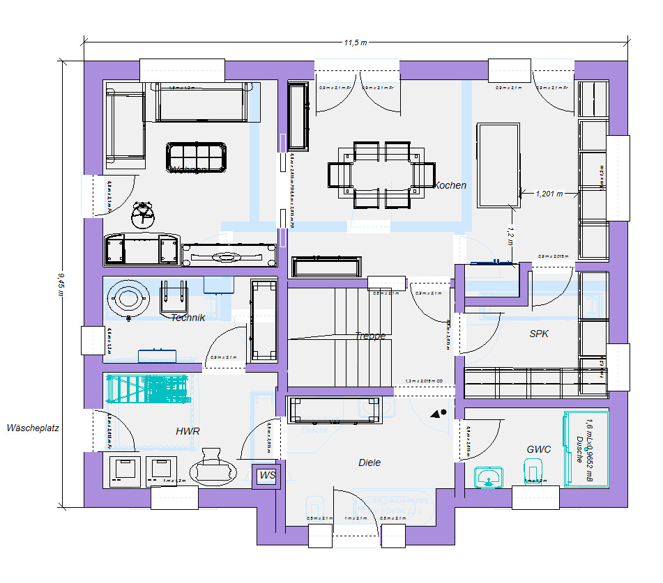 Grundriss eines Hauses mit Diele, Treppe, Küche, Technik, HWR, SPK, GWC und Waschplatz.