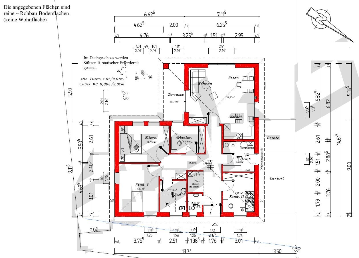 Grundriss eines Einfamilienhauses mit roten Außenwänden, Zimmern, Terrasse und Maßen.