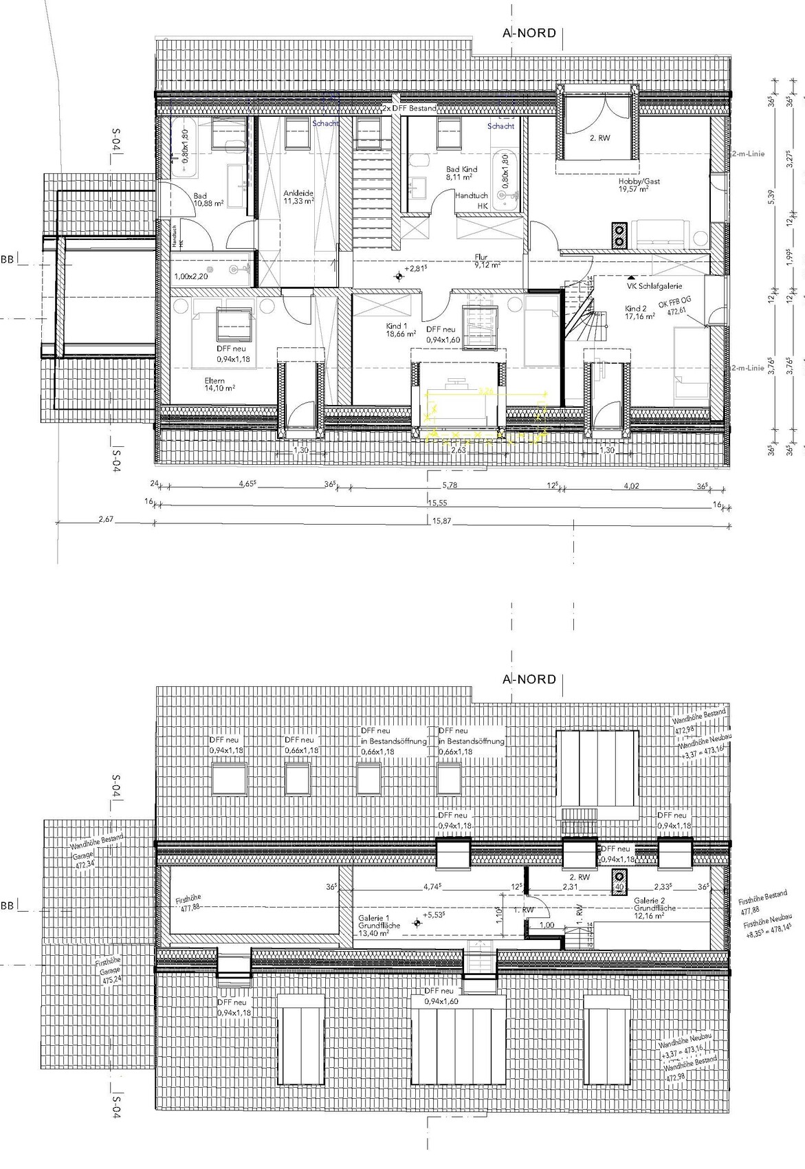 Zweigeschossiger Haus-Grundriss mit Schlafzimmern, Bad, Fluren und Treppen.