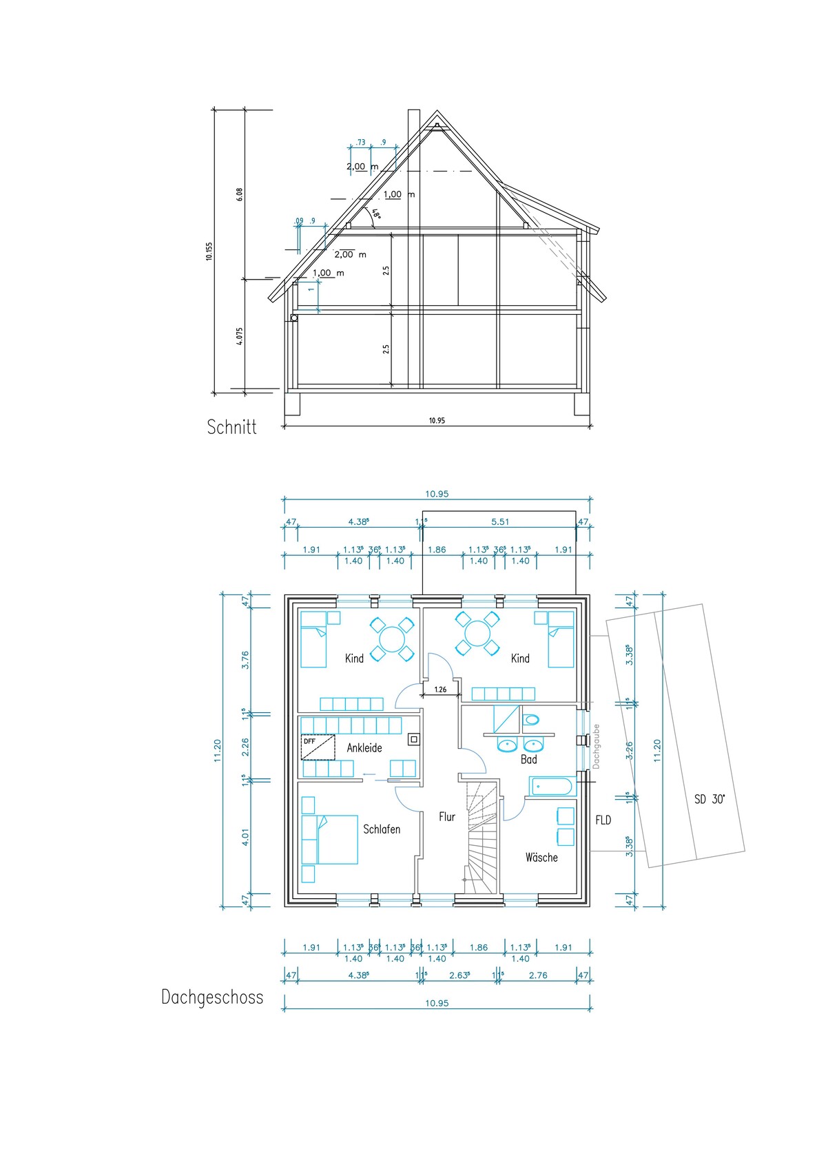 Architektur-Blueprints eines Hauses mit Dachgeschoss-Schnitt und Grundrissplan