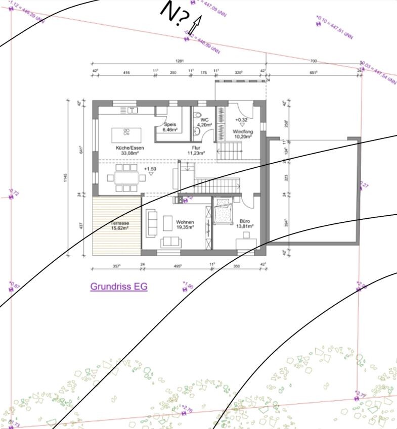 Grundriss EG: Küche, Essen, Speis, Flur, WC, Windfang, Wohnen, Büro, Terrasse.