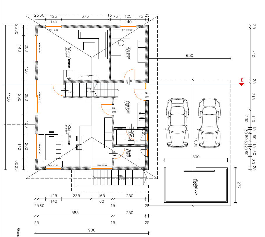 Grundriss eines Hauses mit Wohnzimmer, Küche/Essen, Bad, Diele, Treppe und Doppelgarage.