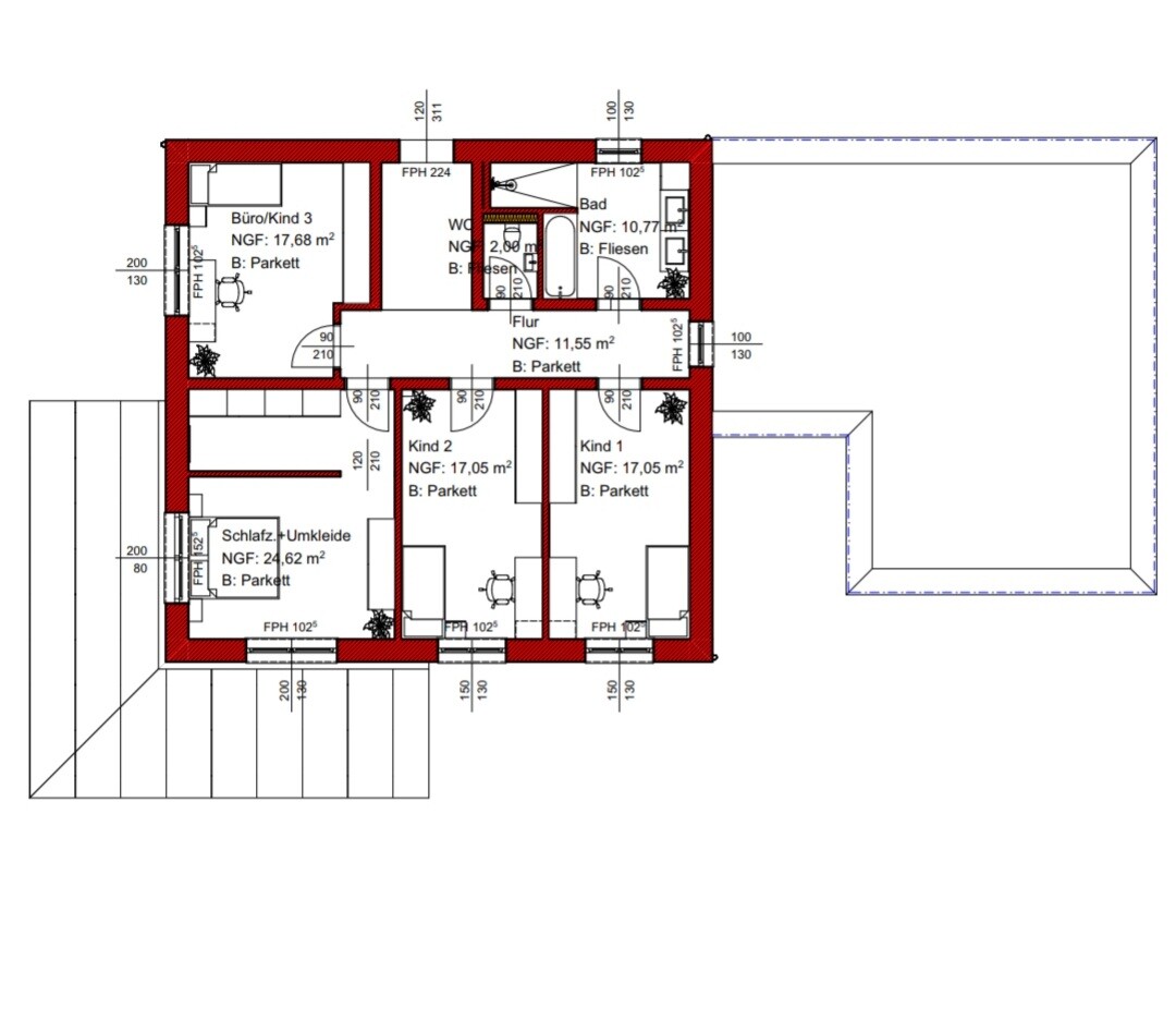 Grundriss eines Hauses: Schlafzimmer, Büro/Kind 3, Kind 1, Kind 2, Bad, Flur; rote Außenwände.