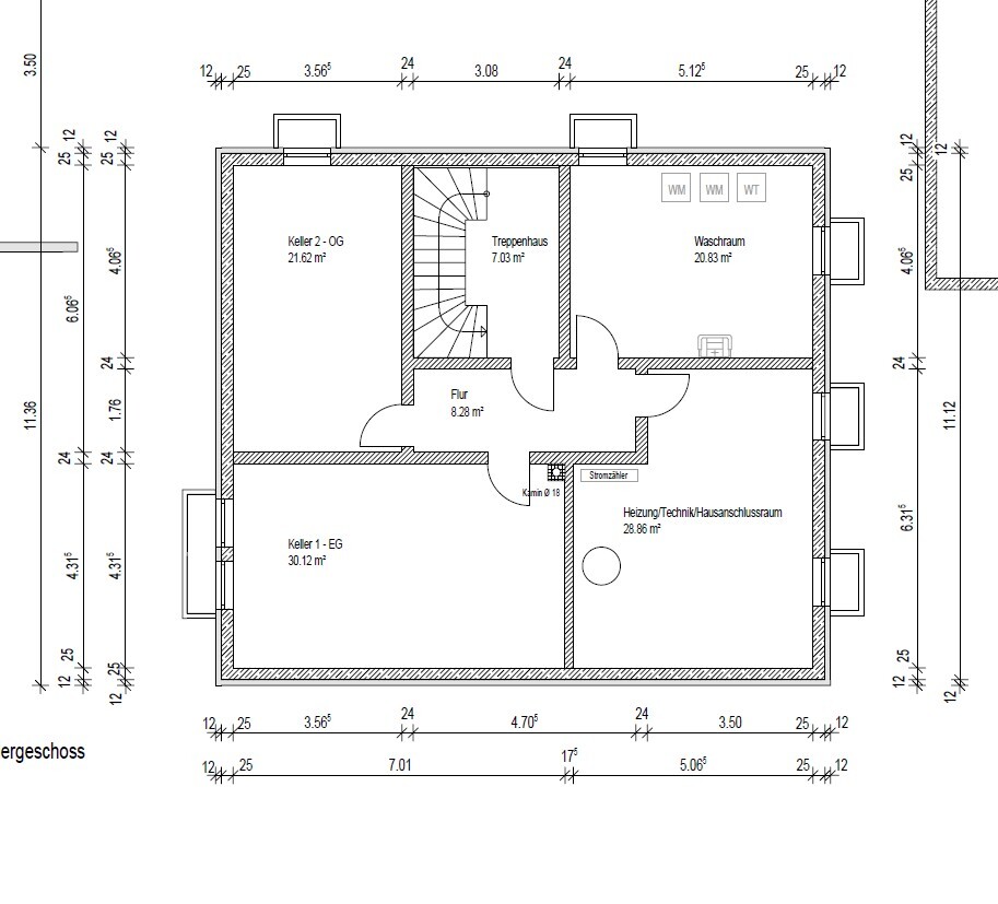 Grundriss eines Hauses: Keller 1 EG, Keller 2-OG, Flur, Treppenhaus, Waschraum, Heiz-/Technikraum.