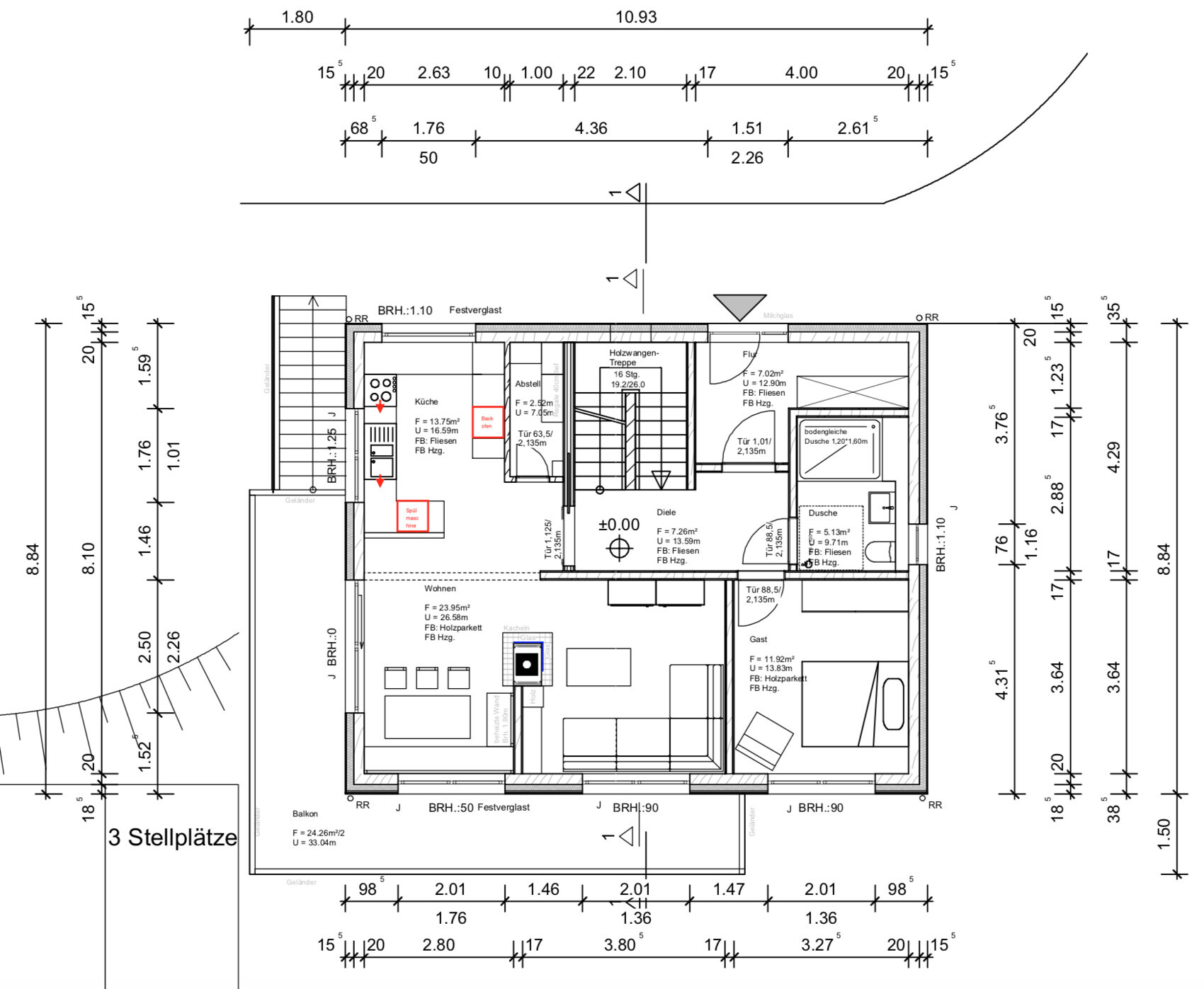 Grundriss eines Einfamilienhauses mit Küche, Wohnzimmer, Bad, Schlafzimmer, Balkon.