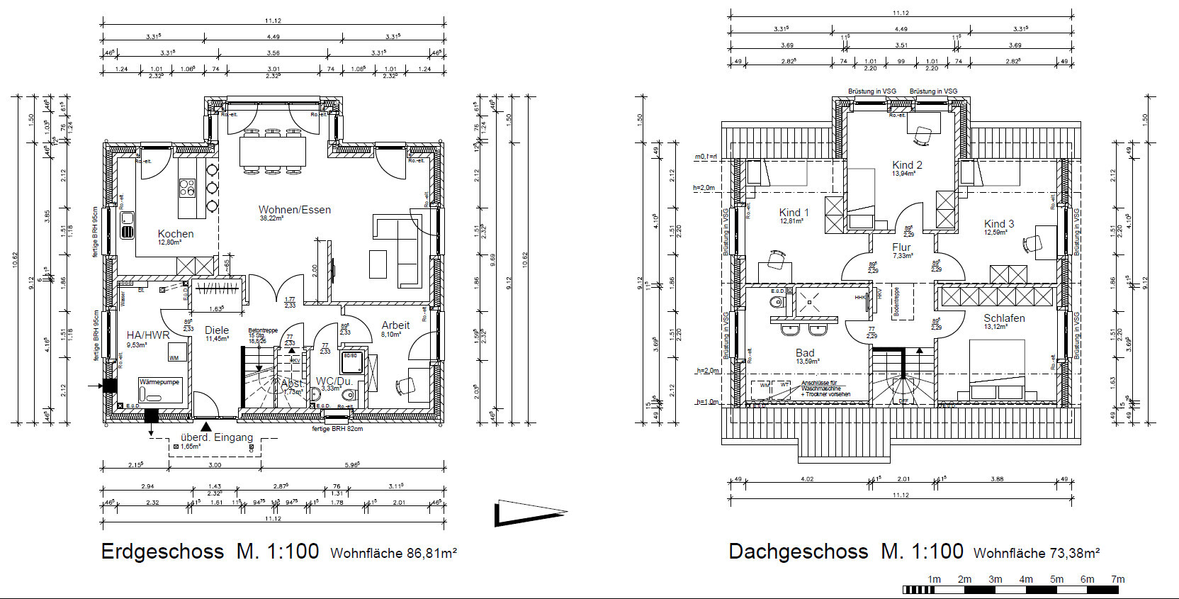 Grundriss 2-geschossiges Haus: EG Küche, Wohnen/Essen, Arbeitszimmer; DG Schlafräume.