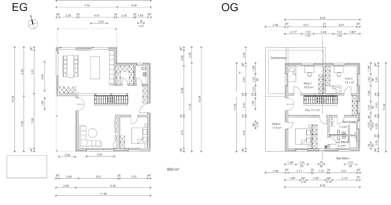 Zweigeschossiger Hausgrundriss: EG mit Wohnbereich, Küche; OG mit zwei Kinderzimmern, Flur, Balkon.