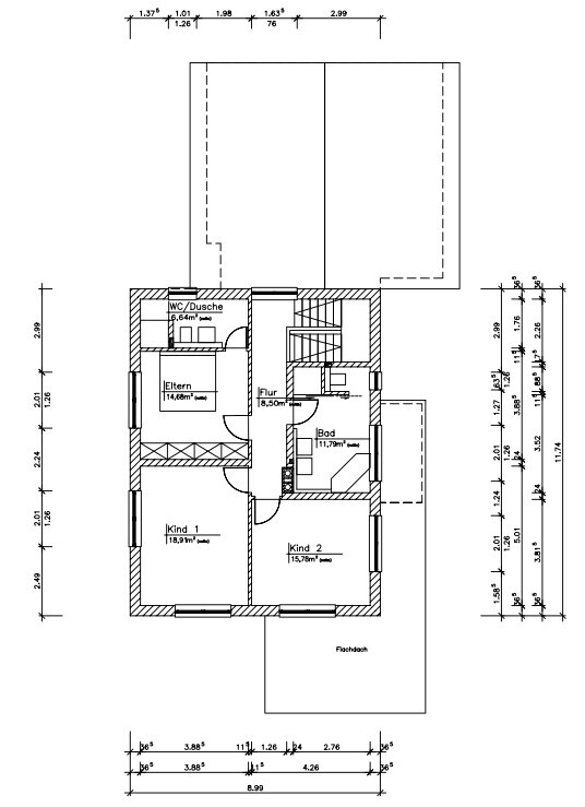 Grundriss eines Hauses: Eltern, Kind 1, Kind 2, Bad, WC/Dusche, Flur, Treppenhaus.