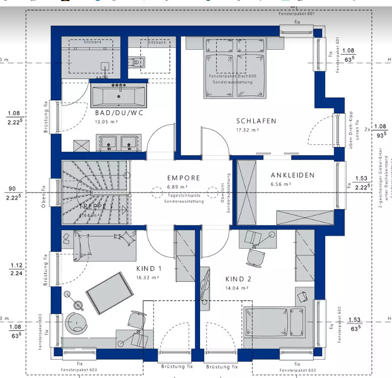 Grundriss eines Obergeschosses mit Schlafzimmer, Bad, Ankleide, Empore und zwei Kinderräumen