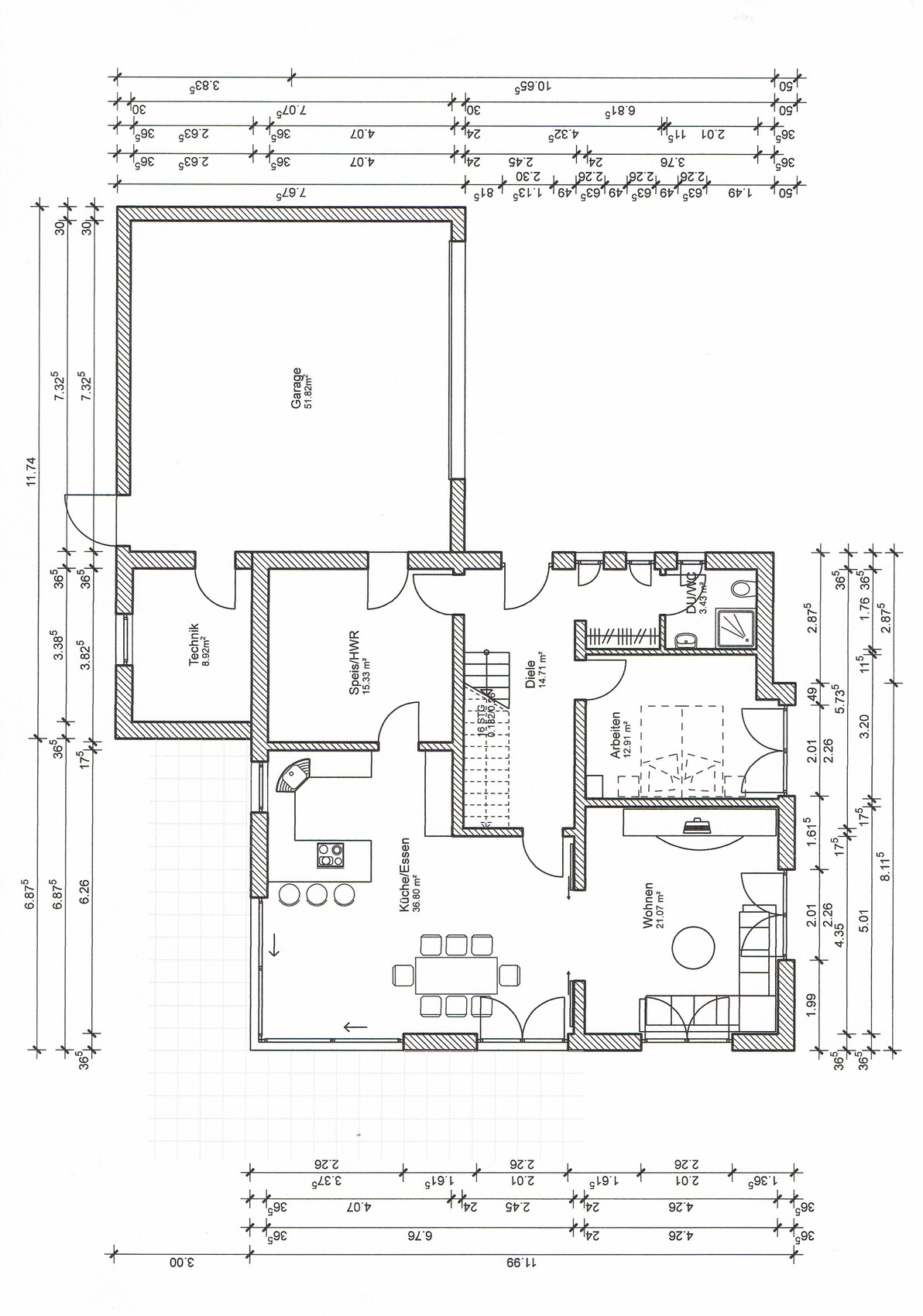 Grundriss eines Hauses: Garage, Küche/Essen, Wohnen, Diele, Technik, Speis, Arbeiten.