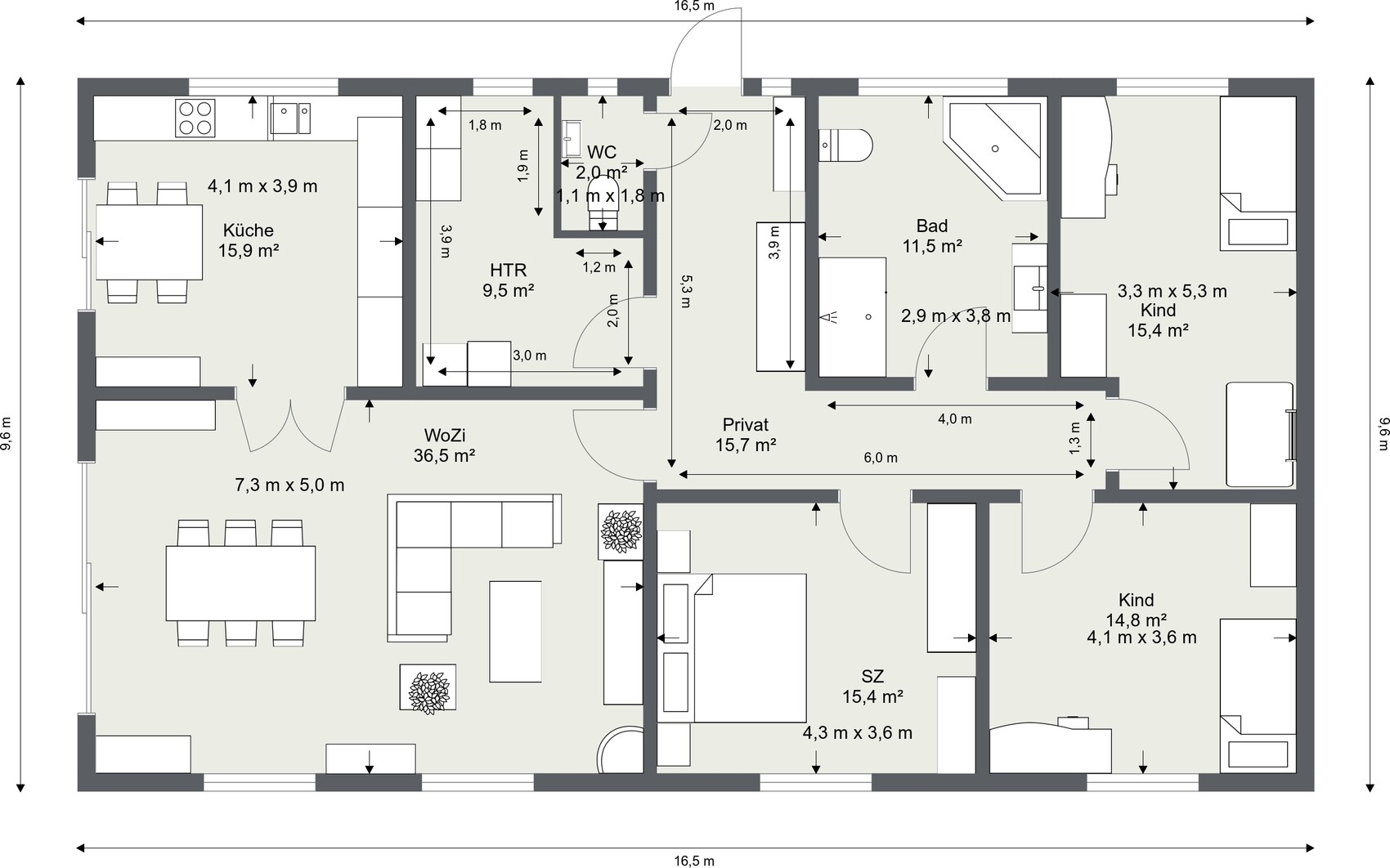 Grundriss eines Einfamilienhauses: Küche, Wohnbereich, Schlafzimmer, zwei Kinderzimmer, Bad, WC.
