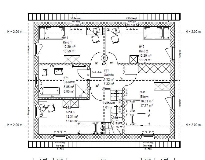 Grundriss eines Hauses: Elternzimmer, zwei Kinderzimmer, Bad/WC, Galerie, Treppe.