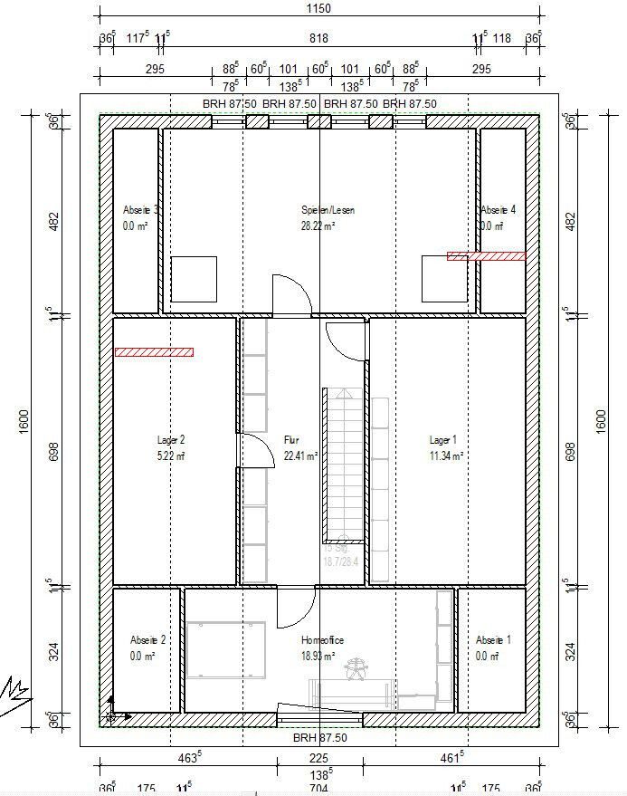 Grundriss eines Hauses: Flur, Treppe, Lager, Abseiten und Spiel/Lesen Bereich.