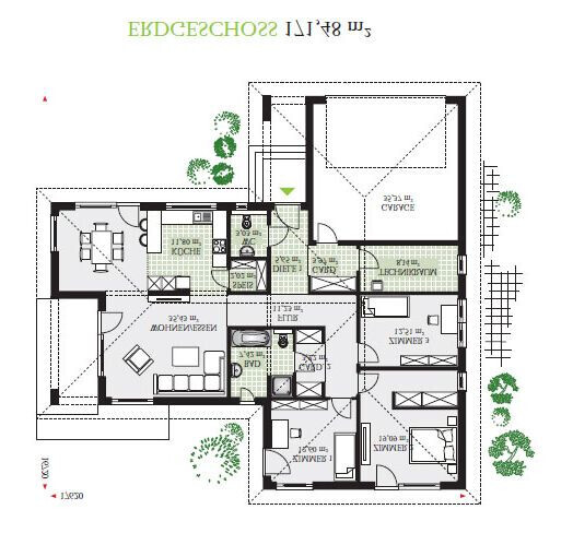 Grundriss eines Einfamilienhauses: Räume, Küche, Wohnzimmer, Schlafzimmer, Bad, Garage.