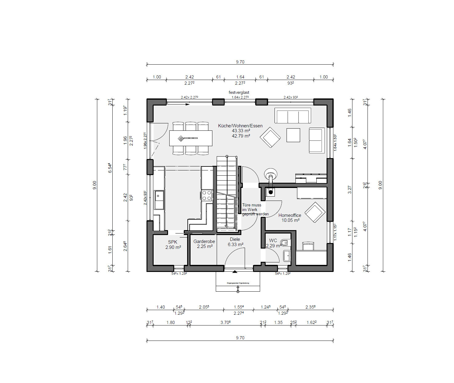 Grundriss eines Hauses: offener Küche/Wohnen/Essen-Bereich, Homeoffice, Diele, Garderobe, WC, Treppe