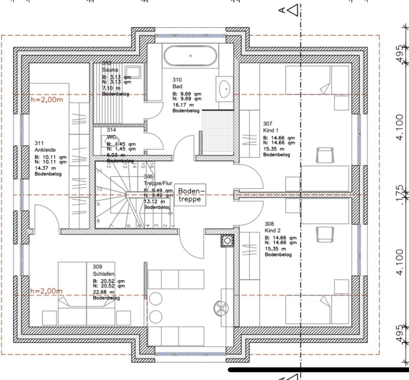Grundriss eines Hauses: zentrale Treppe, Schlafen, Ankleide, Bad, Sauna, WC, zwei Kinderzimmer.