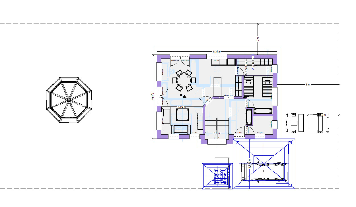 Grundriss eines Wohnhauses mit Möblierung, Treppen und Nebengebäuden.