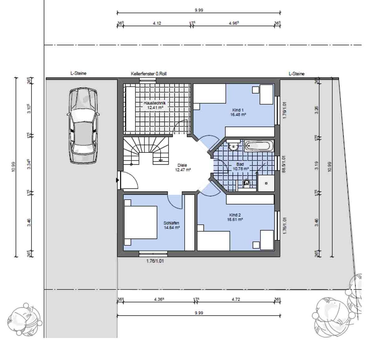 Detaillierter Hausgrundriss mit Garage, Flur, Bad, Schlafzimmer und Kinderzimmer